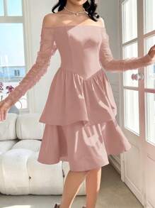 Modelyn Women's Solid Color Off Shoulder Ruched Long Sleeve Ruffle Hem Elegant Mid-Length Dress - Pink - View 3