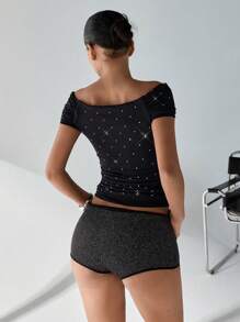 EURMUSE Women Rhinestone Detailed Off Shoulder Elegant Top - Black - View 2
