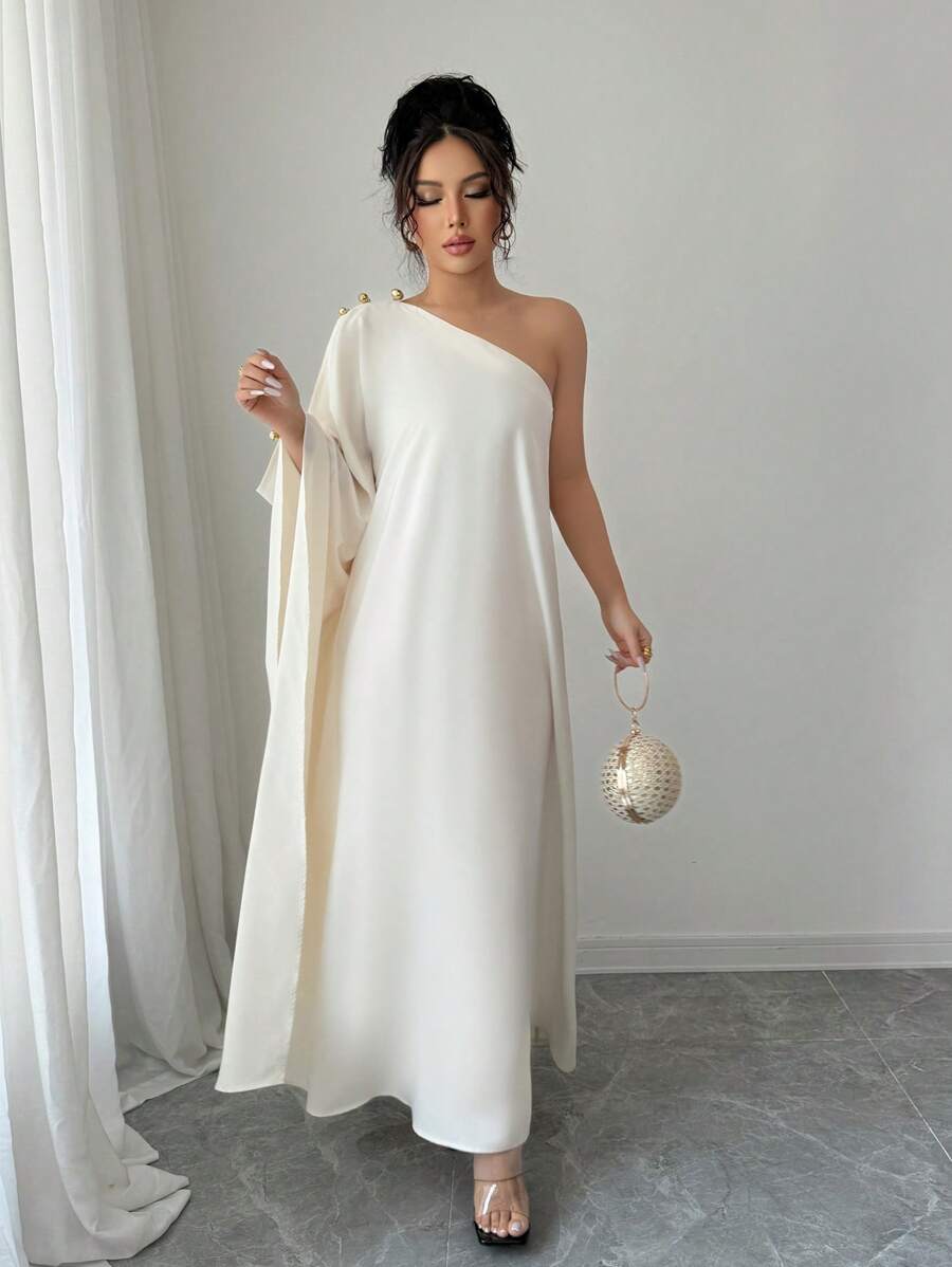 Elenzga 女士斜领蝙蝠袖连衣裙 - 米色 - 查看 1