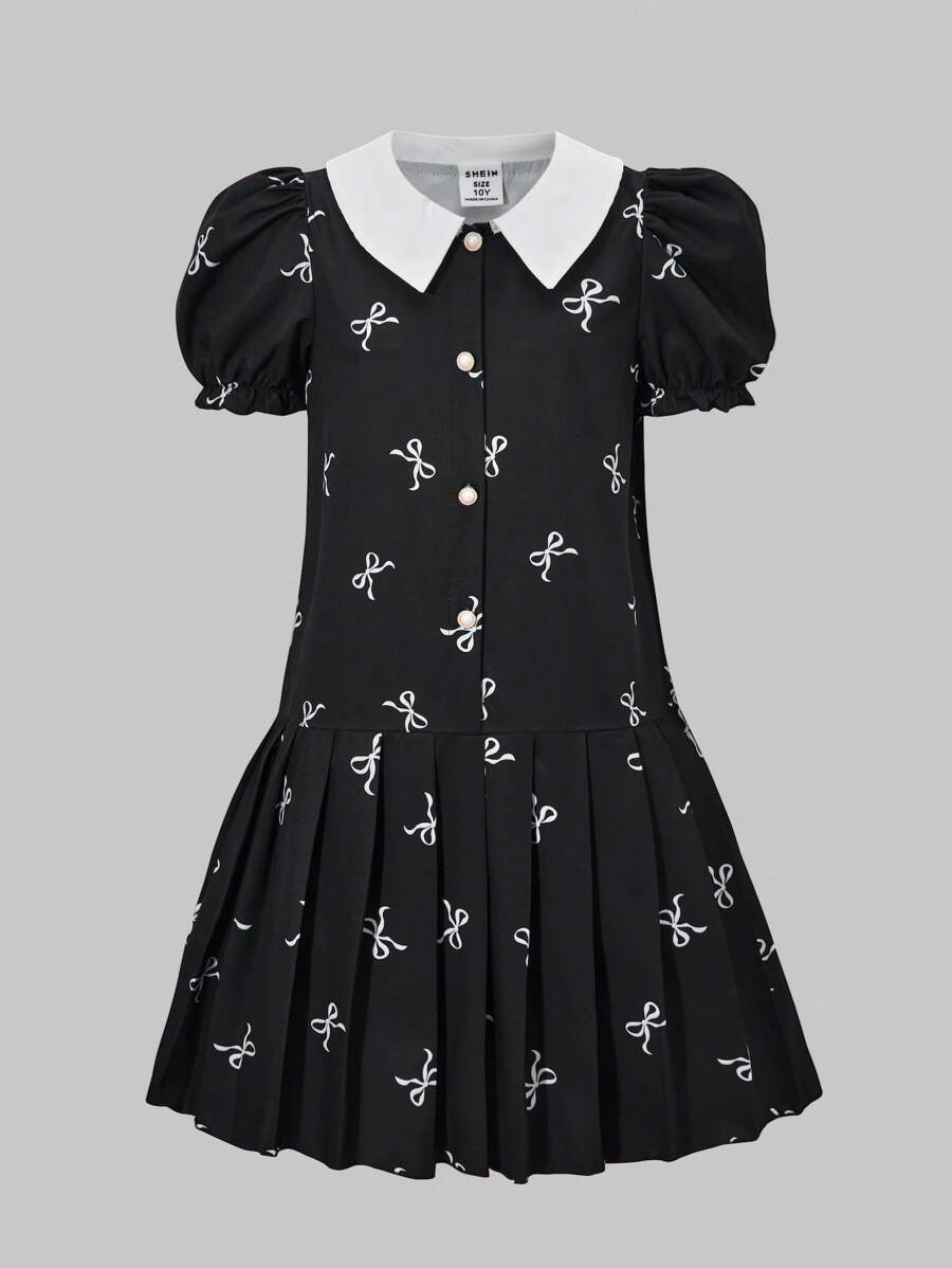 SHEIN Explorewe Tween Girls Collared Simple Fashionable Short Sleeve Summer Dress - Black - View 1