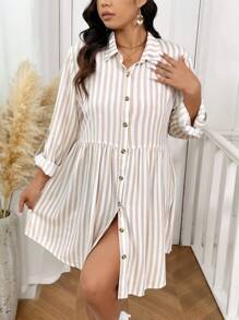 SHEIN Frenchy Vestido de manga larga de otoño para mujer talla grande, informal y para el hogar, versátil, cómodo, estilo camisa con botones abajo, vestido de manga larga con estampado de rayas - Albaricoque - Ver 2