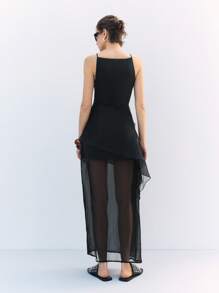 LYSMO 女式夏季纯黑色圆领无袖吊带荷叶边不对称下摆连衣裙长款修身优雅时尚连衣裙适合度假和日常穿着 - 黑色 - 查看 2