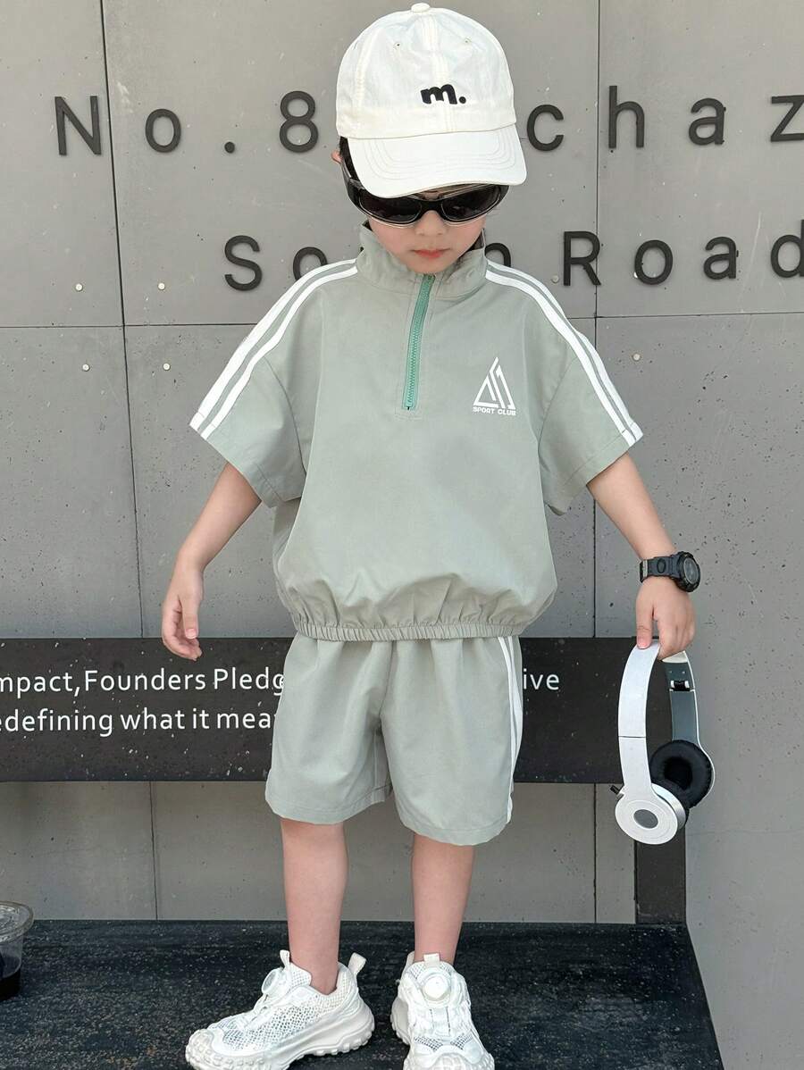 SHEIN 2 件套儿童男童休闲韩版抽绳连帽半拉链短袖短裤运动服适合夏季外出、学校、花园、海滩、生日派对、春夏秋冬 - 薄荷綠 - 查看 1