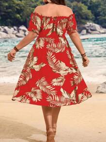 SHEIN Holidaya Bộ đồ liền thân hở vai in họa tiết nhiệt đới cỡ lớn, phong cách nghỉ dưỡng thường ngày - Đỏ - Xem 2