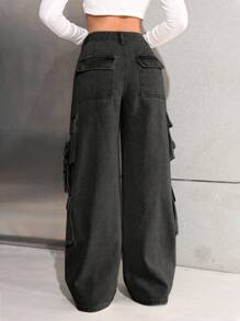 SHEIN Teen Girls Grey Denim Long Cargo Jeans With Zipper And Drawstring Detail - Grey - View 2