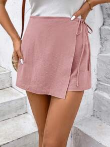 SHEIN Frenchy Solid Knot Side Wrap Bowknot Wrap Mini Skort Summer Pink Casual - Baby Pink - View 3