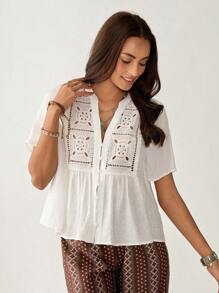 Florisole Blusa suave de mujer con decoración de botones, bordado y patchwork de encaje vintage de otoño