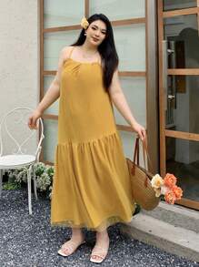 Dazy Plus Vestido maxi de verano para playa con abertura en la espalda, estilo holgado, unicolor, vestido con volantes para mujer, vestido amarillo, ropa de mujer, vestidos de verano