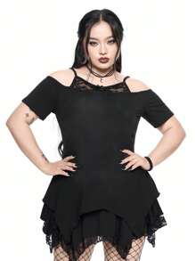 ROMWE Goth Große Größen Sommer Strandkonzert T-Shirt, Damen Rave T-Shirt Festival Streetwear Gotischer mysteriöser Katze Stern Totenkopf Muster asymmetrischer Saum Carmen-Bluse Off-Shoulder Spitzen Camisole Schwarz T-Shirt