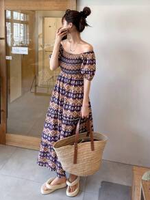 FRIFUL Đầm dài mùa hè nữ in họa tiết toàn thân, dáng rộng, eo thắt, tay phồng, thích hợp đi chơi hoặc đi nghỉ mát. - trái cam - Xem 5