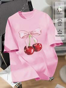 SHEIN EZwear Camiseta de manga corta con cuello redondo y gráfico de cerezas de talla grande, corte casual y holgado para mujer, para el verano - Rosa Pálido - Ver 3