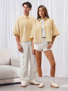Manfinity BRENVOR 男女款休闲宽松条纹编织短袖短款衬衫 - 黃色 - 查看 2