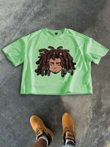 Manfinity EMRG Camiseta de manga corta suelta y casual con cuello redondo y estampado de personajes de dibujos animados para hombre