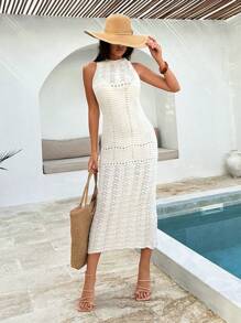 SHEIN Vestido de punto midi sin mangas de marfil de mujer - Diseño de hojas calado, cuello redondo, fluido y ligero para uso de playa o como pieza casual de superposición para el verano