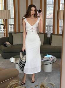Pariaura Casual Elegant Elegant Solid Color Spaghetti Strap Waist Ruffle Backless Midi Dress For Women