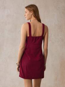 SHEIN LUNE Slant Pocket Button Front Corduroy Overall Dress Without Sweater - Burgundy - View 2
