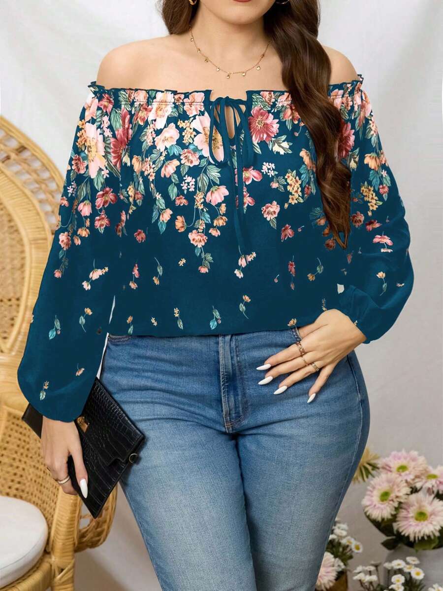 SHEIN Clasi 大码女式花卉印花露肩荷叶边领弹性袖口衬衫,适合度假和日常通勤 - 彩色 - 查看 1