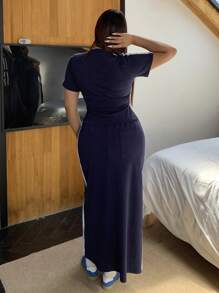 Dazy Plus 2pcs Set Butterfly Embroidery Rib Knit Top & Bodycon Long Skirt - Navy Blue - View 2