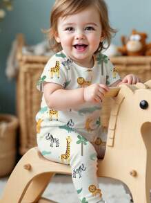 SHEIN Bộ đồ ngủ tay ngắn cổ tròn ôm vừa vặn thoải mái cho bé trai sơ sinh/trẻ mới biết đi, mùa xuân/hè thoải mái - Nhiều màu - Xem 3