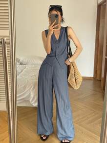2 piezas conjunto de chaleco y pantalones vaqueros de mujer, de moda para el verano - Lavado ligero - Ver 2