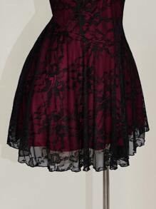 SHEIN ICON Plus Size Square Neck Ruched Lace Color Block Slip Dress, Y2K Party Dress, Halloween, Halloween Costume - Burgundy - View 7