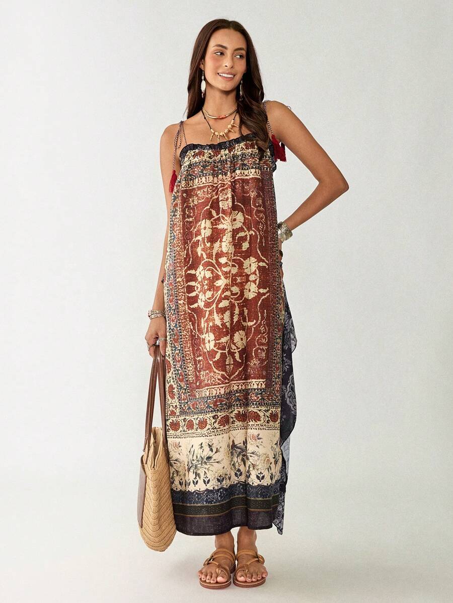 Florisole 女式复古乡村风格花卉印花流苏装饰吊带裙 - 紅色 - 查看 1