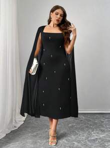 SHEIN Unity Plus Size Elegant Pearl Trim Poncho Sleeve Shift Dress For Work - Black - View 1