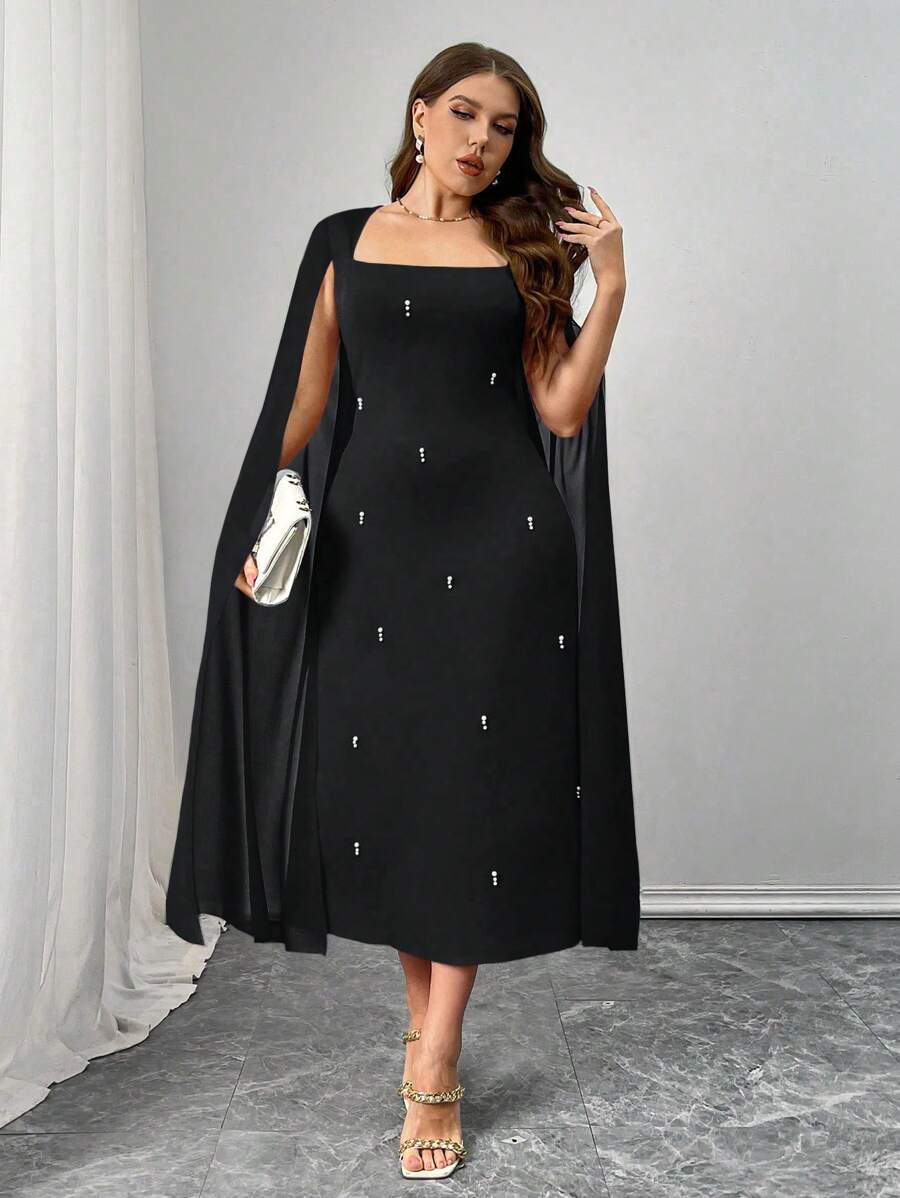 SHEIN Unity Plus Size Elegant Pearl Trim Poncho Sleeve Shift Dress For Work - Black - View 1