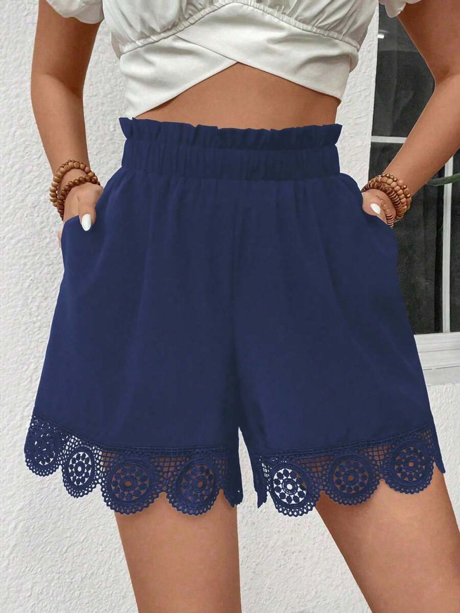 Breezaya A 字形下摆蕾丝拼接松紧腰女式短裤 - 藏蓝色 - 查看 1