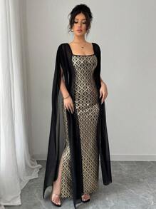 Rafferiza 女士优雅金属箔印花方领透明雪纺袖修身中长连衣裙