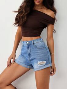 SHEIN Tall Women's Distressed Denim Shorts, Casual Form-Fitting, Blue High Waisted Shorts  Women Summer Outfits Summer Outfits For Women Summer Shorts Women Shorts High Waisted Shorts Tall Women Clothes Tall Women Jorts Women Shorts Jeans Shorts