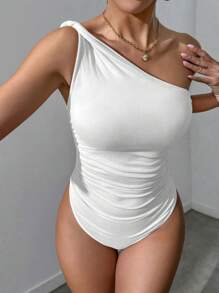 Zolique Women's Solid Color Knot Ruched Bodysuit - White - View 5