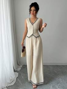 Chiquease Women's Single Breasted Vest And Pants Casual Linen-Feel 2 Pieces Set - Apricot - View 1