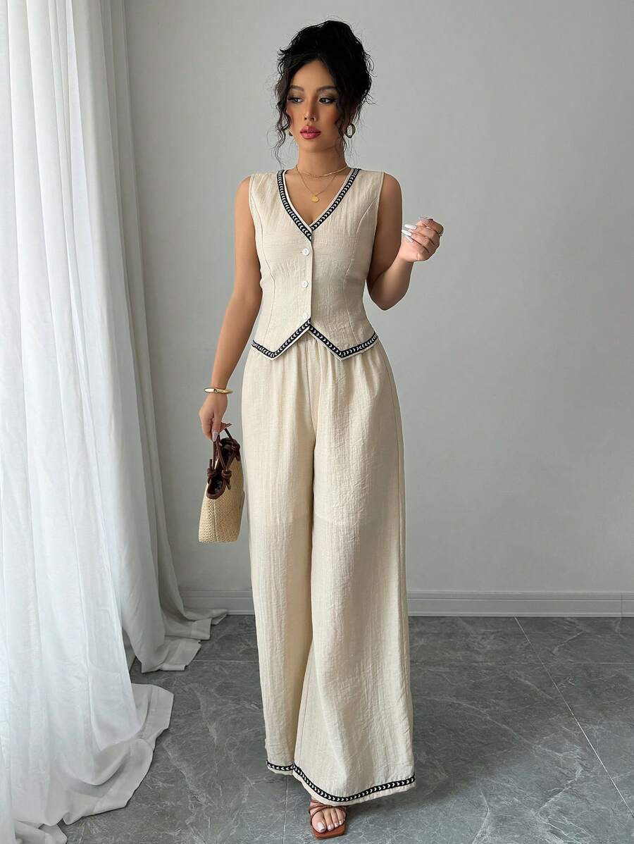 Chiquease Women's Single Breasted Vest And Pants Casual Linen-Feel 2 Pieces Set - Apricot - View 1