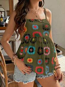 SHEIN 印花荷叶边下摆休闲孕妇吊带背心