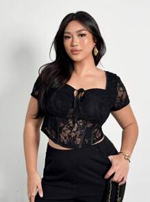 Sweetheart Neck Front Drawstring Fishbone Lace Bralette Cropped Short Sleeve T-Shirt, Sexy Date Night Elegant Venue, Plus Size Women Blouse Women Casual Tops Women Top Women Spring Tops Work Blouse Women Women Summer Blouses/Festival Outfits/Graduation Graduation Season Party Black Top/Sequin/Sparkly/ Renaissance Fair Slim Short T-Shirt - Black - View 2