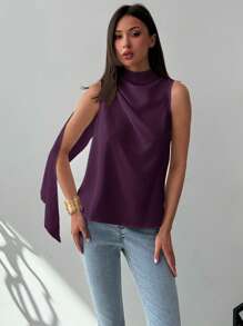 Aloruh Camisa tejida con línea H con plisado sin mangas blanca para mujer, ideal para ir y venir, primavera/verano - Rojo violeta - Ver 5