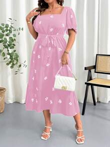 SHEIN Clasi Đầm tay bồng in họa tiết hoa cổ vuông cạp chun cỡ lớn cho nữ, thanh lịch và lãng mạn - Hồng - Xem 4