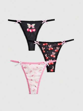 Kawaii 3pcs/Set Sexy Cherry Blossom, Butterfly & Floral All-Over Print, Lace Trim Silk Blend G-String Panties, For Young Girls