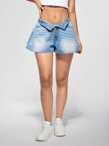 SHEIN EZwear 女士纽扣前口袋阔腿宽松休闲百搭牛仔短裤 - 藍色 - 查看 6