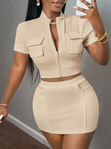 Slaydiva New Spring And Summer Casual Street Simple Small Stand-Up Collar Three-Dimensional Pocket Decoration Wide Strap Short-Sleeved Zipper Top + Hip Mini Mini Skirt White Pit Rib Women's Two Pieces Set-B - Apricot - View 7
