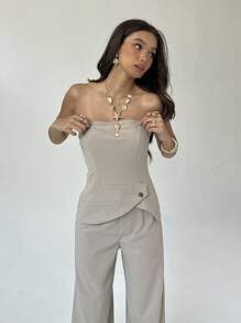 Aloruh 2pcs Set For Women: Asymmetrical Hem Tube Top And Pants, Solid Color - Khaki - View 1