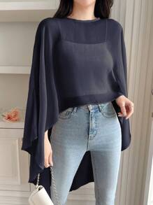 DAZY 雪纺衬衫，女式春夏纯色轻薄套头衫不对称衬衫透视 - 藏蓝色 - 查看 4