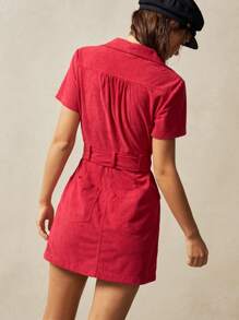 Bohemela Váy denim mini tay ngắn dệt trơn màu phong cách cao bồi miền Tây cho nữ - Đỏ - Xem 7