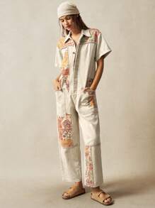 Bohemela Bộ áo liền quần nữ dệt họa tiết hoa chắp vá theo phong cách lễ hội âm nhạc cao bồi miền Tây - Màu Khaki - Xem 5