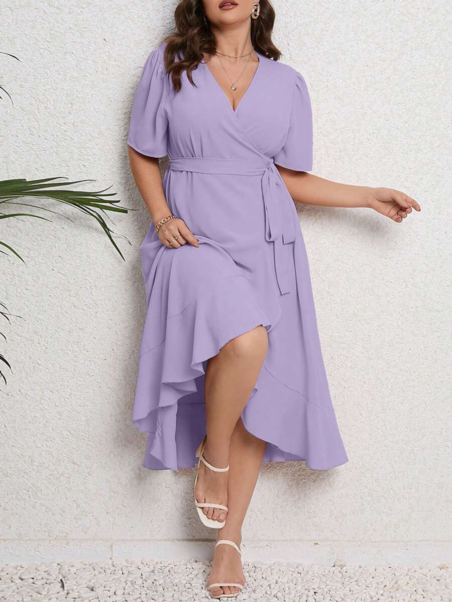 SHEIN LUNE Plus Puff Sleeve Ruffle Hem Belted Wrap Dress Maxi Women Outfit