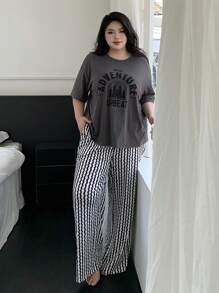 Dazy Plus Letter Print Loose Top And Striped Pants Pajama Set - Grey - View 4