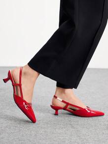 CUCCOO BIZCHIC Women's Pointed Toe Kitten Heel Red Backstrap Comfortable Versatile Commute & Casual Flat Slip-On Shoes