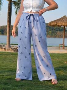 SHEIN MOD 大码女童休闲可爱蝴蝶结印花条纹蕾丝拼接腰部阔腿裤
