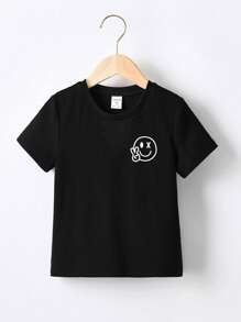SHEIN Young Boy Basic Black Smile & Peace Sign Print Crewneck Short Sleeve T-Shirt, Summer Young Boys Summer Clothes